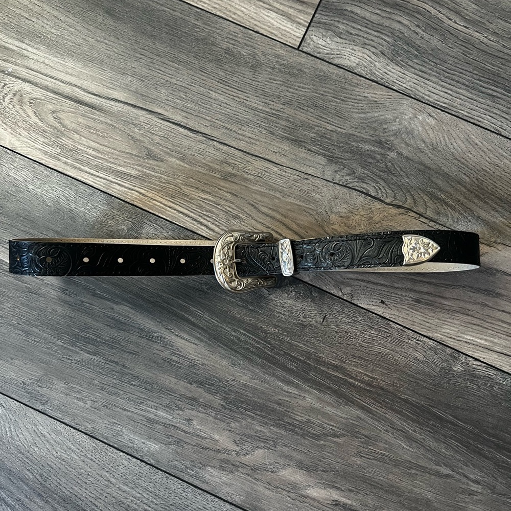 Western Style Black Belt with Silver toned detail S/M